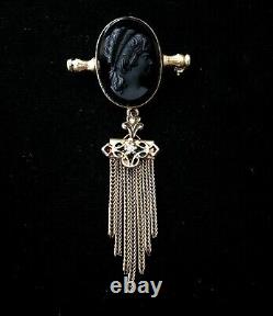 Vtg Victorian Black Celluloid Mourning Cameo Brooch Pendant Goldtone With Tassel