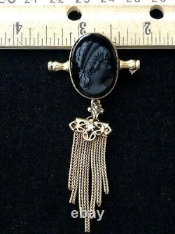 Vtg Victorian Black Celluloid Mourning Cameo Brooch Pendant Goldtone With Tassel