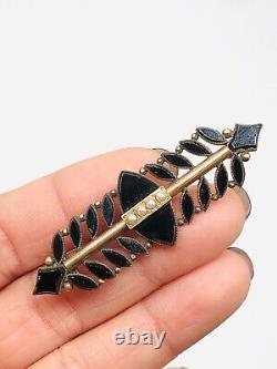 Vtg Victorian Mourning Jewelry Black Glass & Seed Pearl Flower Bar Pin Brooch