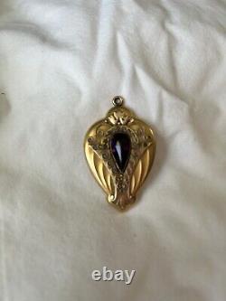 W&H Antique Victorian Mourning Gold Filled Double Hair Locket with purple Stone