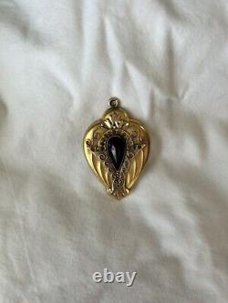 W&H Antique Victorian Mourning Gold Filled Double Hair Locket with purple Stone